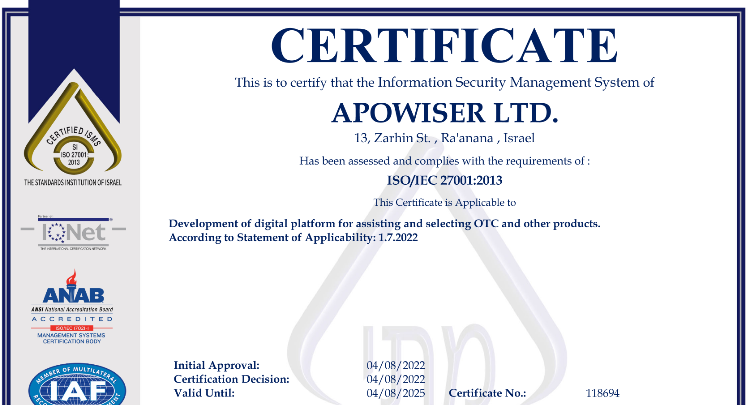 APOWISER LTD. Certified for ISO/IEC 27001:2013